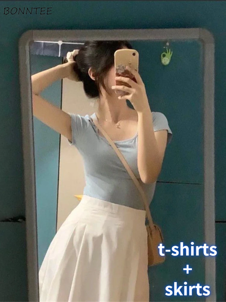 

Women Sets Midi High Waist White Skirts Cropped Slim Blue T-shirts Girlish Tender Sweet Temper Fashion Summer New Ins All-match