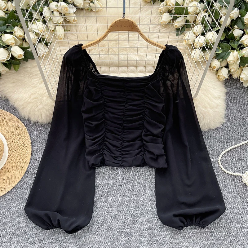 Женская однотонная блузка с квадратным вырезом и длинным рукавом