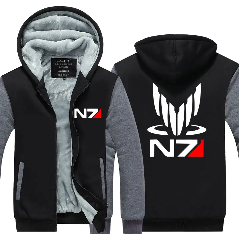 Cosplay N7 Mass Effect Zip Up Hoodie Men Black Anime Hooded Sweatshirt Women Embordery Fleece Thick Warm Sweetshirt Streetwear