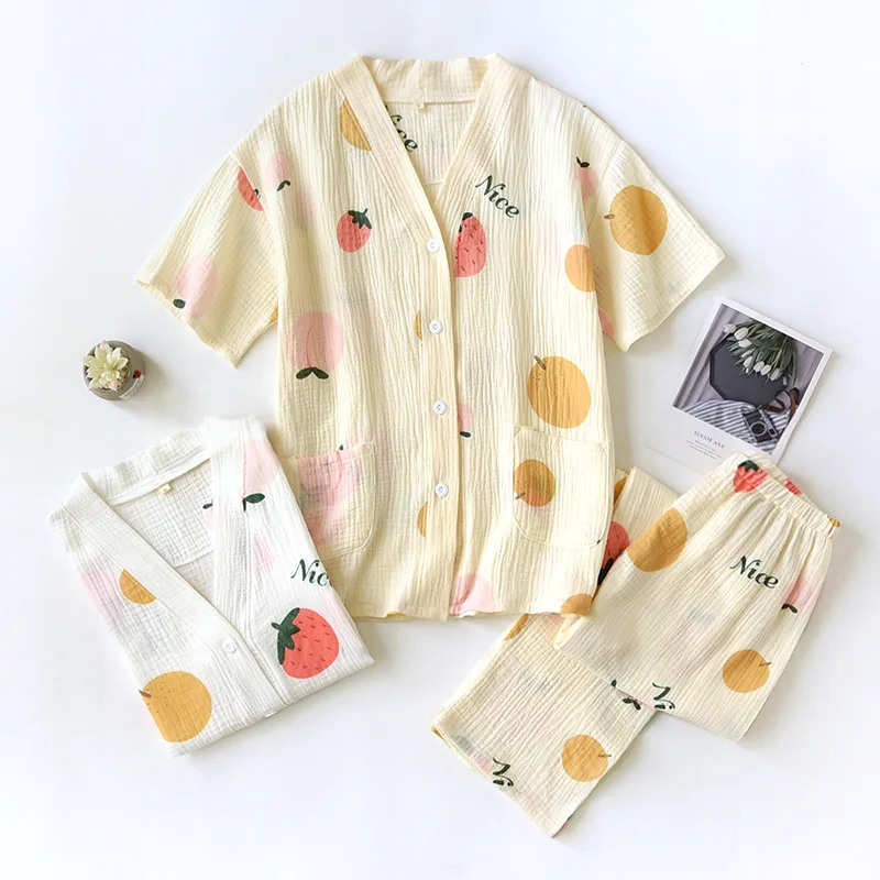 

Spring And Summer New Ladies Pajamas Short-sleeved + Trousers Two-piece Set 100% Cotton Crepe Cute Simple Home Clothes Set Women