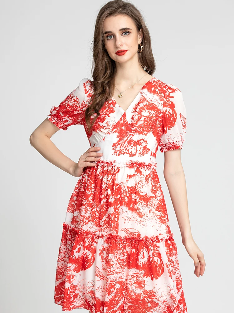 

MoaaYina Fashion Runway dress Summer Women Dress V Neck Puff sleeve Red Printed Elegant Holiday Party Dresses