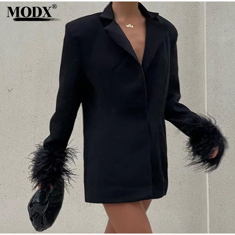 [modx] Откидной воротник манжеты меховой лоскутный костюм модная элегантная