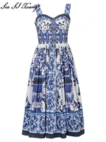 seasixiang fashion designer summer 100 cotton dress women blue and white porcelain print elegant party vintage midi dresses