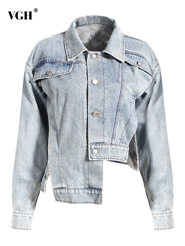 

VGH Autumn Fashion Vintage Denim Jacket For Women Lapel Collar Long Sleeve Single Breasted Irregular Coats Female 2022 Clothing