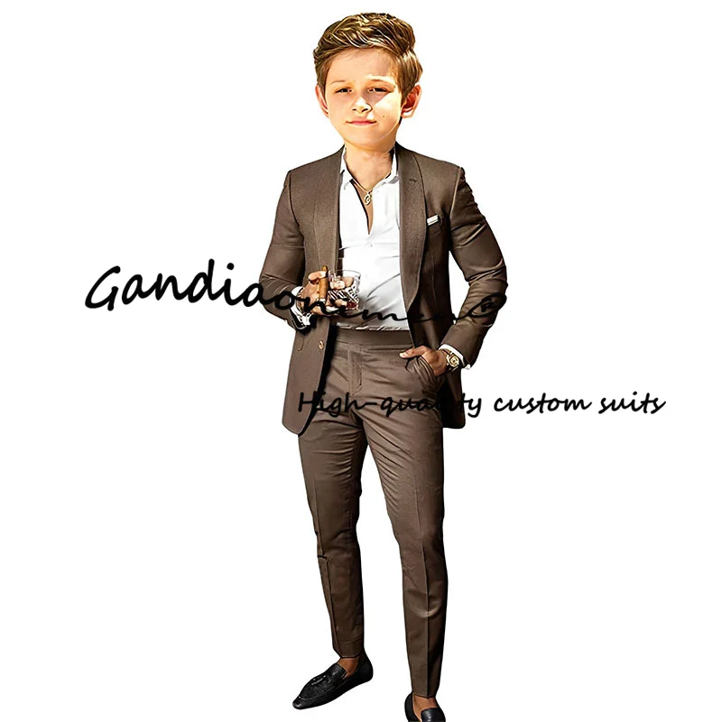 2 Piece Brown Casual Summer Blazer Fashion Boys Jacket Pants Shawl Collar Slim Fit Outfit