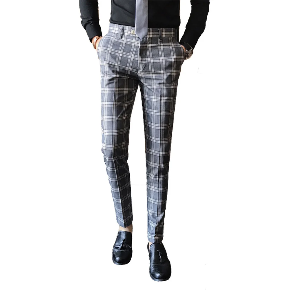 

Men Dress Pant Business Casual Slim Fit England Classic Suit Trousers Wedding Male Korean version Plaid casual trousers