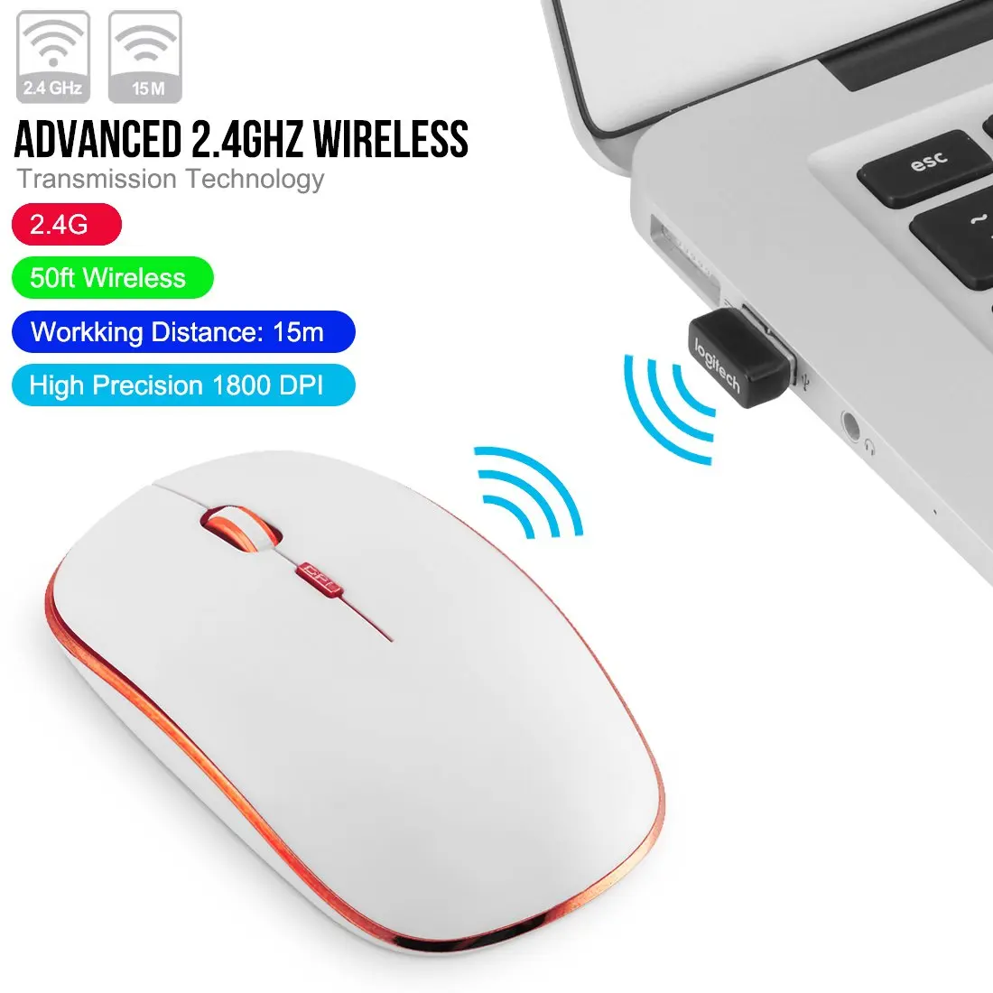 

2.4G Slim Silent Wireless Computer Mouse with Nano Receiver,1800DPI Adjustable optical Mouse Silent Click for PC Laptop