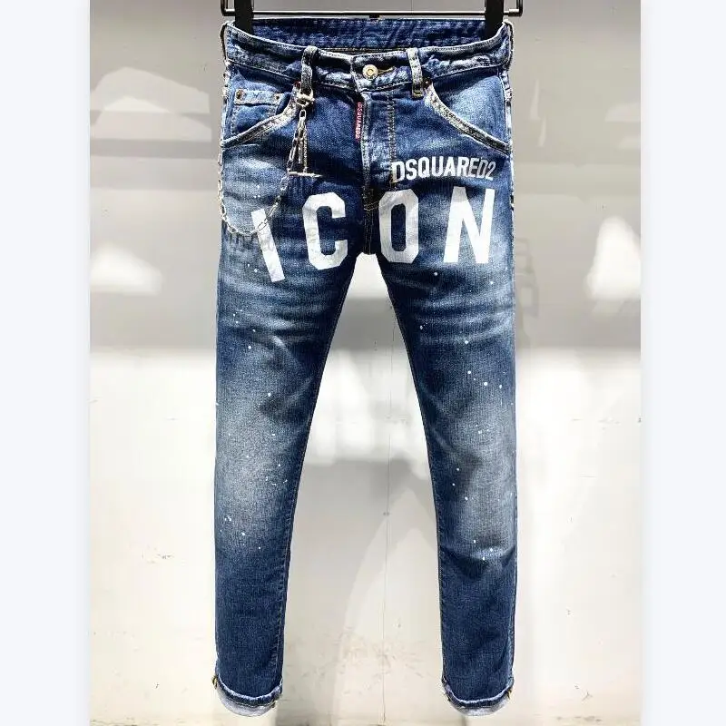 

DSQUARED2 Stitching Printing Men's Slim Jeans Straight Leg Motorcycle Rider Hole Pants Jeans Man 9626#