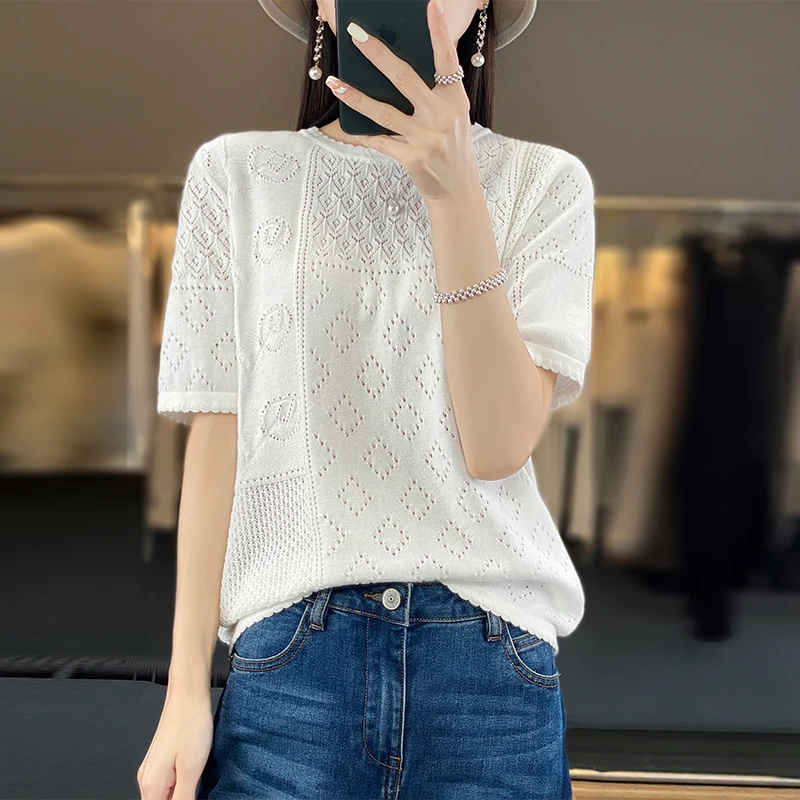 

Round Neck Basic Sweater Women's Short-Sleeve Cotton Knitted T-Shirt Spring And Summer Simple Pullover Upper Body Hollow Top