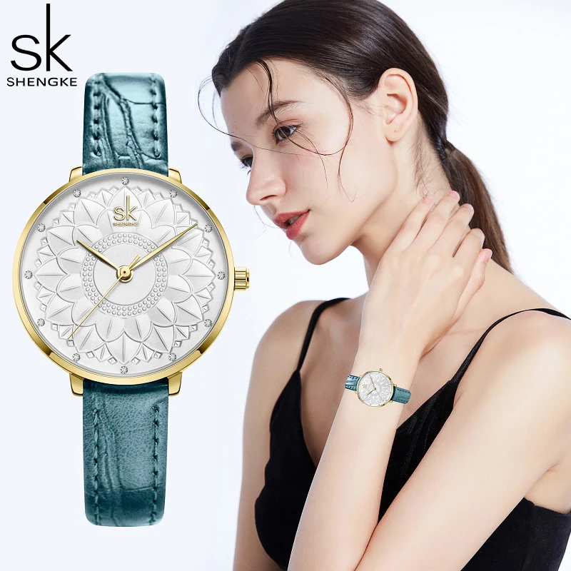Shengke Women Watches Flower Dial Clcok Japanese Quartz Movement Elegant Wristwatches for Women Leather Gril Strap Reloj Mujer