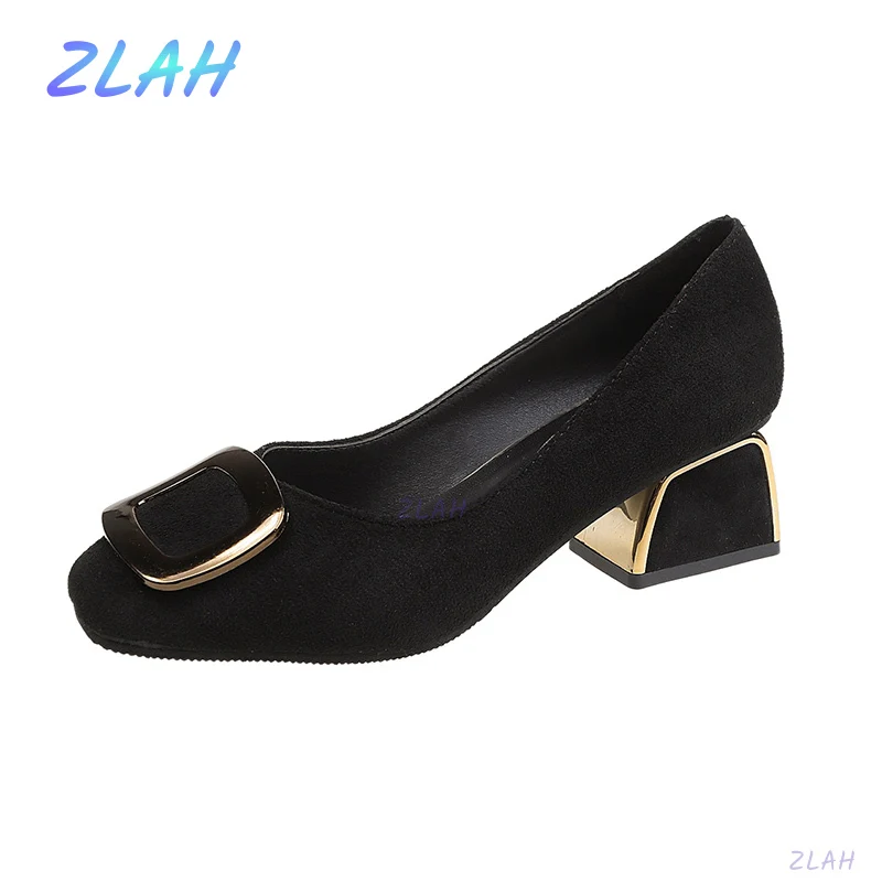 

New Women's High Heels Suede Square Toe Pumps Zlah Metal Embellished Women's Party Dress High Heels Women's Shoes
