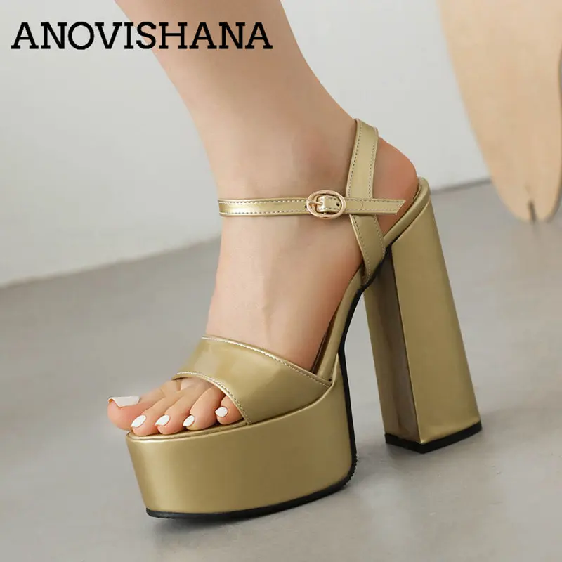 ANOVISHANA Design Women Sandals Peep Toe Chunky Heel 14cm Platform Hill 5cm Buckle Strap Sexy Dating Shoes Plus Size 40 41 42 43