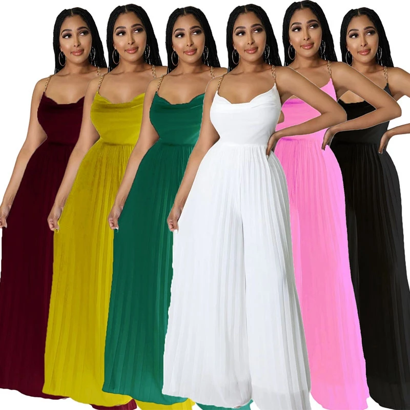 

Women Solid Chiffon Jumpsutis Summer Chain Spaghetti Strap Backless Pleated Loose Wide Leg Pant Evening Night Party Club Overall