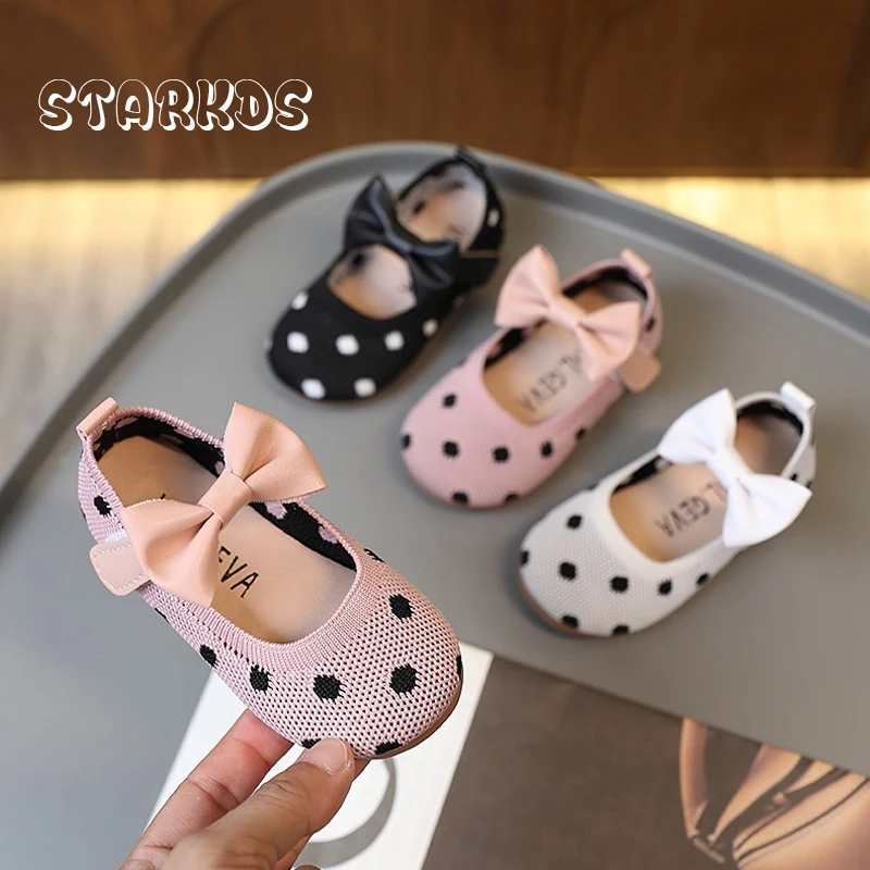 Enlarge Polka Dot Ballet Flats Baby Girls Summer Breathable Knit Mary Jane Shoes Ultra Soft Toddler Loafers With Bow Tie
