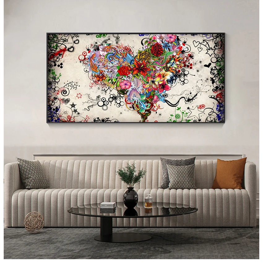 

Abstract Oil Painting On Canvas Colorful Heart Flowers Poster Wall Art For Living Room Decoration Pictures For Home Cuadros