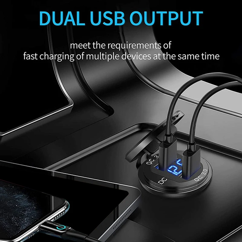 

QC3.0 Car Dual USB Port Charger Socket 12V/24V 36W Quick Charge With Voltmeter Switch For Marine Motorcycle Boat