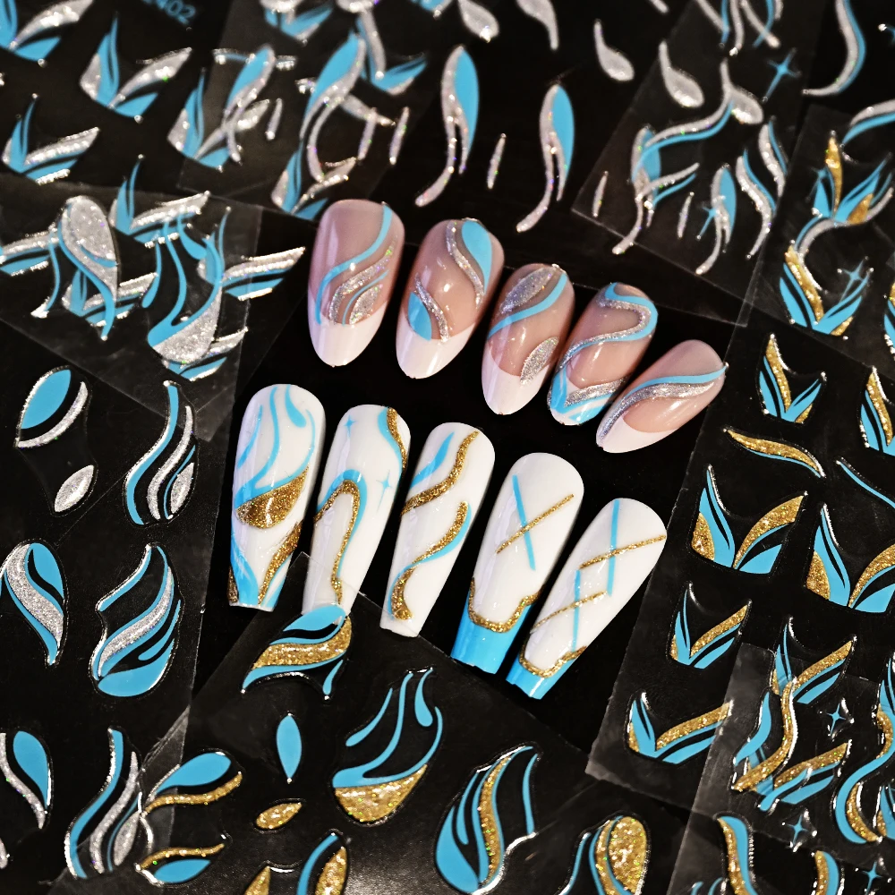 1 шт. синие золотые блестящие наклейки для ногтей с французской линией волнистая