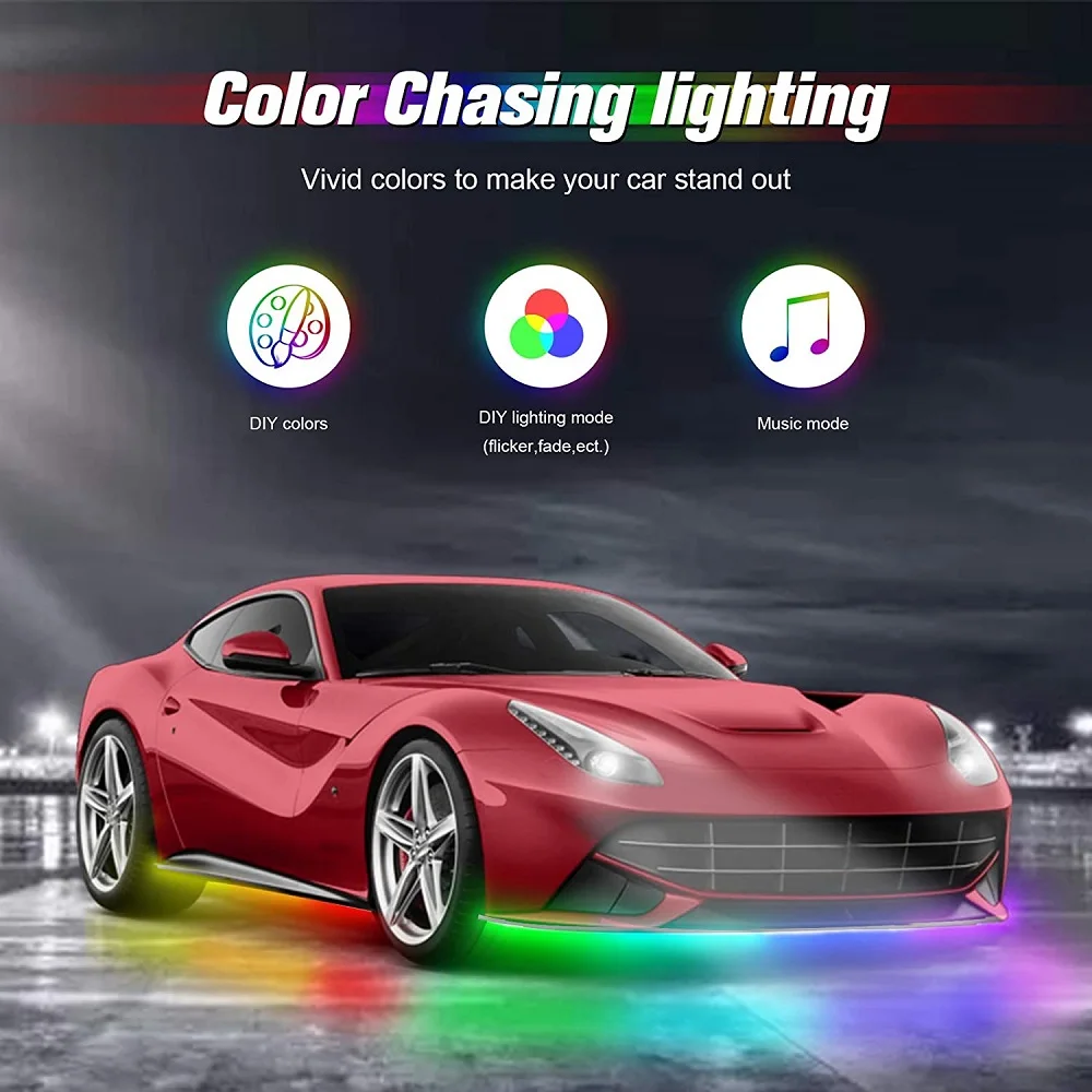 Waterproof 12V 24V Car Underglow Lights Kit RGB Underbody LED Strip Light with Wireless APP Control Multicolor Atmosphere Light