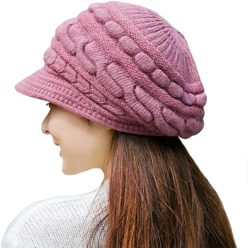 Female Women Adult Winter Hat Crochet Knit Slouchy Beanie Cap Outdoor Warm Snow Ski Knitted Hats with Visor Purple