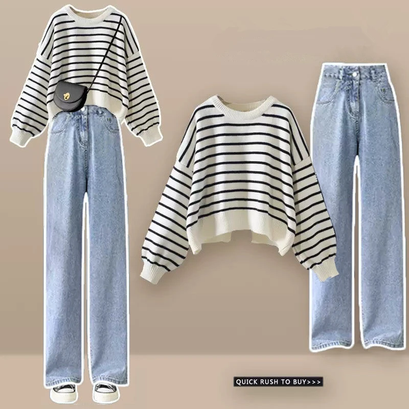 

Preppy Style Short Stripe Sweater 2023 Spring Autumn New Causual Loose Knit Pullovers Denim Pants Suits New Daily Joker Outfits