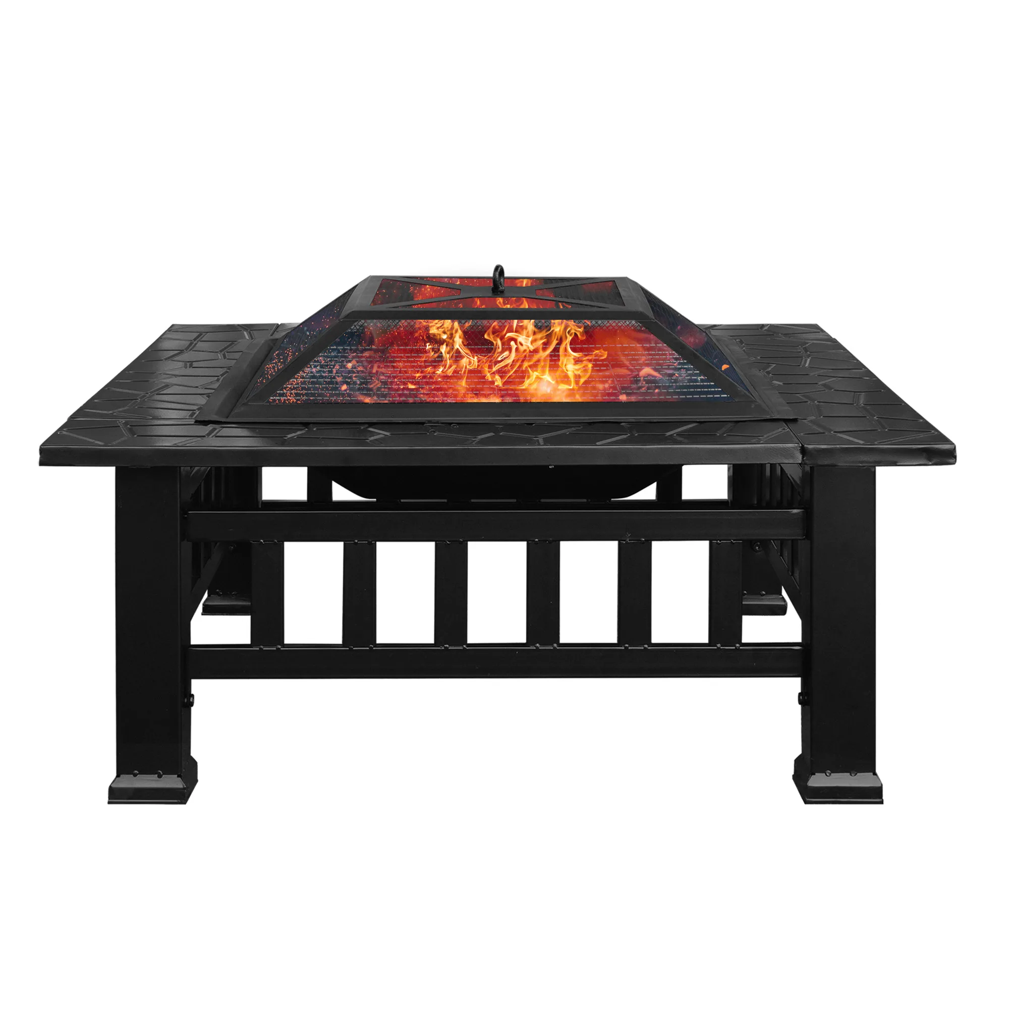 Multifunctional Fire Pit Table 32in 3 in 1 Metal Square Patio Firepit Table BBQ Garden Stove with Spark Screen, Cover, Log Grate