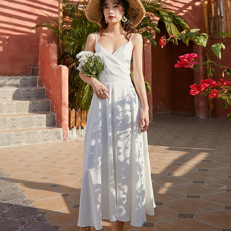 

N GIRLS Summer Runway Elegant Korean Party Night Dresses Backless Casual Beach Vacation Sundress Women Long White Satin Slip