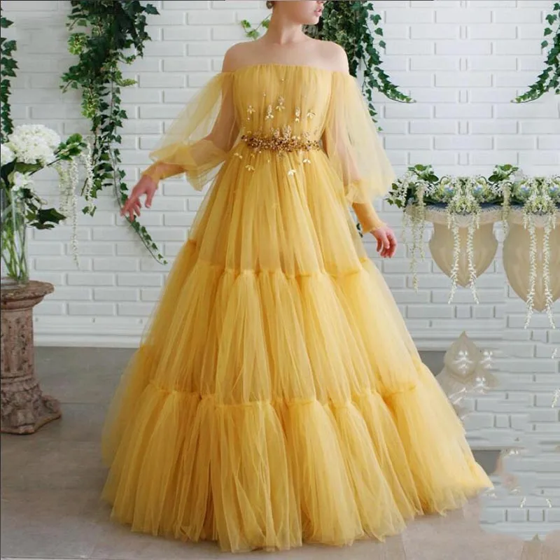 

GUXQD Gold Fairy Prom Dresses Scoop Appliques Beaded Tiered Puff Sleeves Tulle Floor Length Evening Party Dress for Graduation