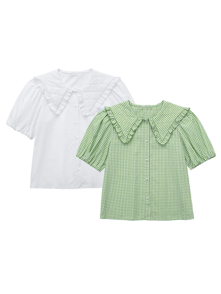 

Women Green Plaid Shirts Summer Sweet Short Sleeve Single Breasted Blouses 2022 Ladies Tops blusas