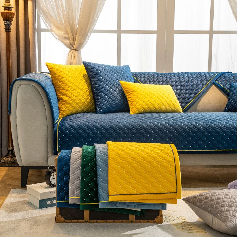 

Winter High-Grade Quilting Plush Sofa Cover Anti-skid Couch Towel Solid Color Grid Pattern General Backrest Armrest Slipcover