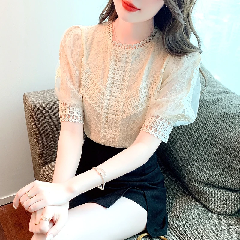 

Summer Women's Short-Sleeved Fashion Girl Feeling Solid Color Round Neck Bubble Sleeve Lace Pullover Blouses Womens Tops C144