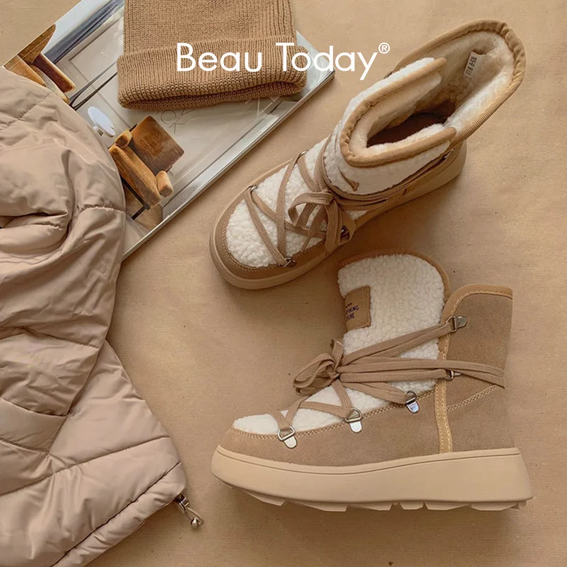 

Snow Boots Women Flats Lace Up Round Toe Cow Suede Warm Faux Fur Mixed Cor Casual Outdoor Winter Ladies Shoes 08036