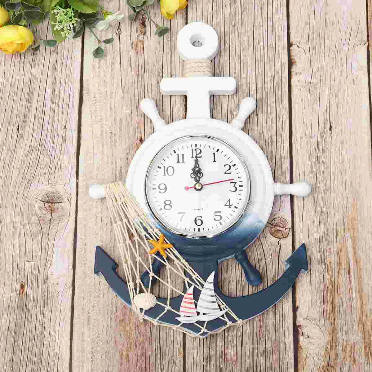 

Clock Wall Anchor Nautical Wheel Decor Hanging Ship Boat Steering Mediterranean Beach Decorative Clocks Style Rudder Alarm Time