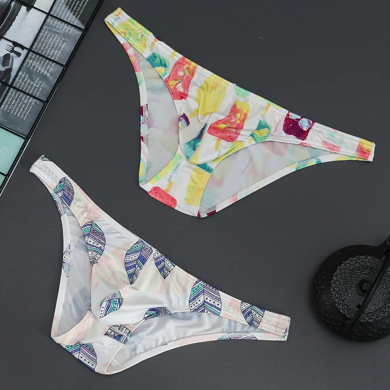 

Men's briefs Sexy Low Waist Print Breathable Briefs Smooth Elastic Ice Silk Underpants male underwear Intimates soft comfortable