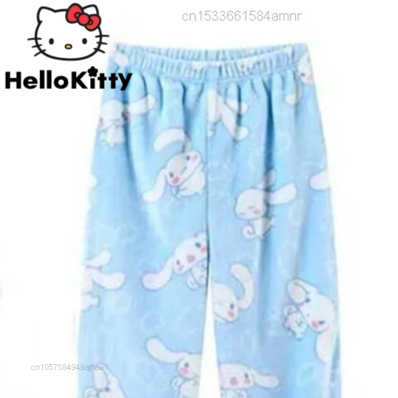 Sanrio Cinnamoroll Blue Pajama Pants Soft Plush Loose Tube Trousers Flannel Harajuku Kawaii Pants Y2k Women Female Home Clothes