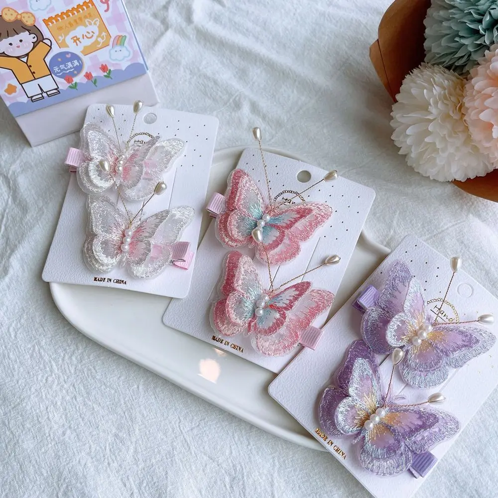 

2pcs/set Fairy Embroidery Cute Pearl Princess Lovely Korean Style Hair Clip Children's Hairpin Headwear Butterfly Shape