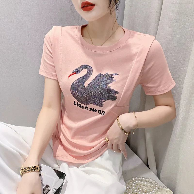 

#6580 Black White Streetwear T Shirt Women Embroidery Letters Sequined Swan Irregular Tshirt Short Sleeve Folds Sexy Short Tee