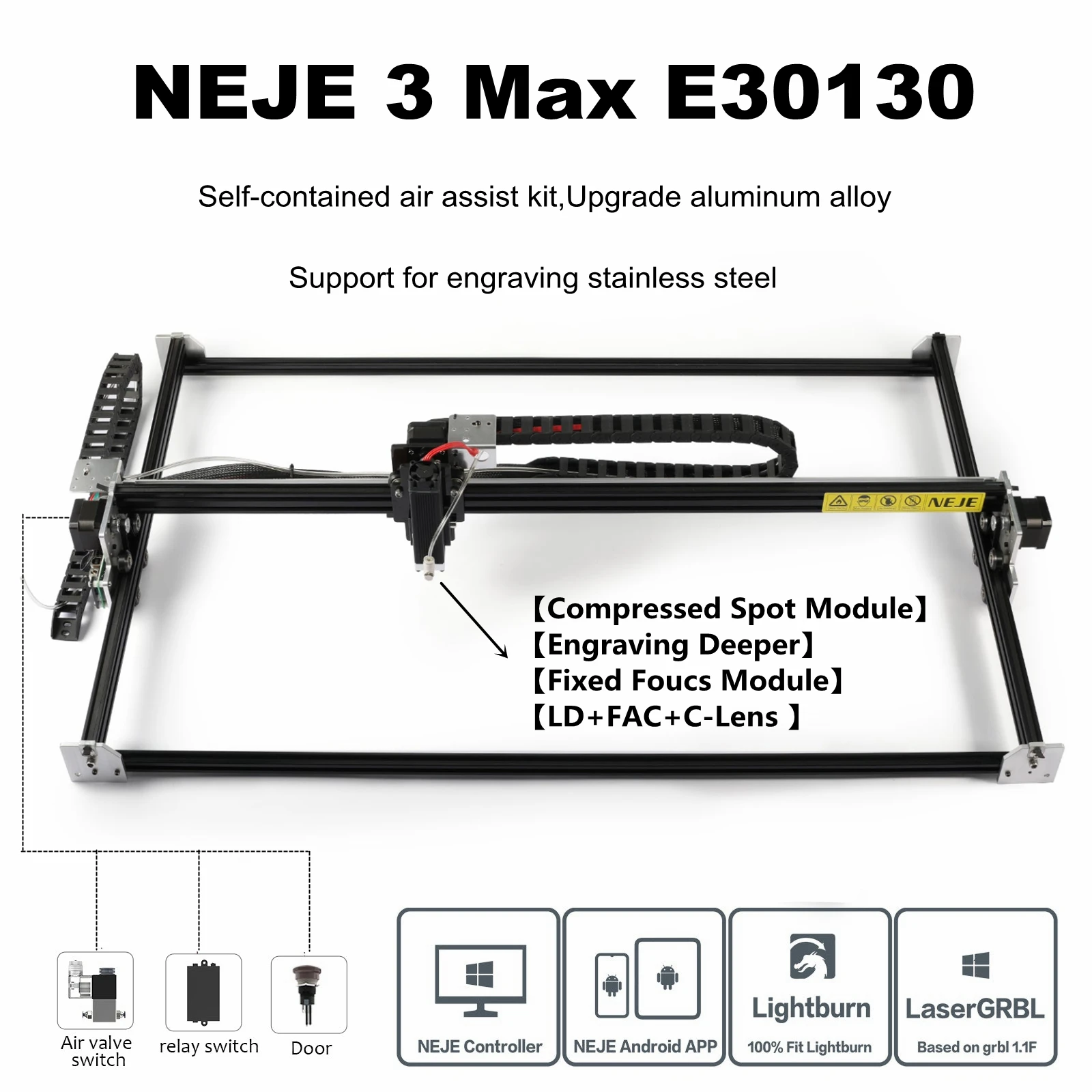

NEJE 3 Max E30130 60W CNC Laser Engraver Wood Cutter 3D Printer for Metal Engraving Tool, With Auto High Pressure Air Assist