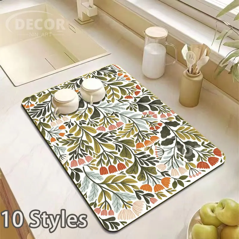 

Retro Wild Flower Absorbent Coaster Mat Countertops Bar Accessories Table Cup Quick Dish Drying Pad for Kitchen for Home Decor