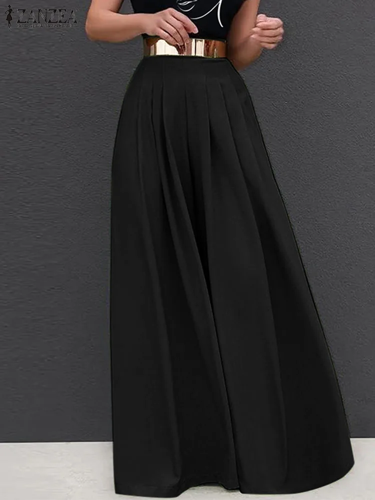

Модные женские широкие брюки ZANZEA, элегантные однотонные длинные брюки, праздничные плиссированные брюки с высокой талией