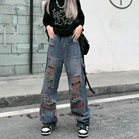 cgc korean fashion hole baggy jeans women high waist pants straight wide leg cargo pants aesthetic streetwear woman trousers