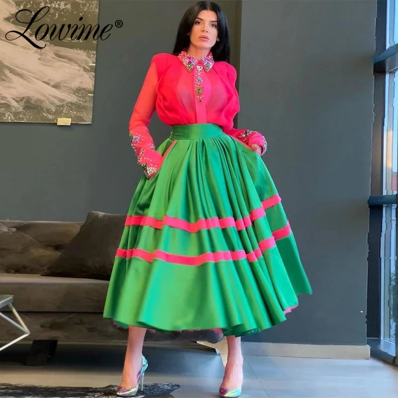 

Lowime Two Pieces Prom Dresses Tea Length Customize Crystal Long Sleeves Party Gowns Graduation Dresses Formal Evening Dresses