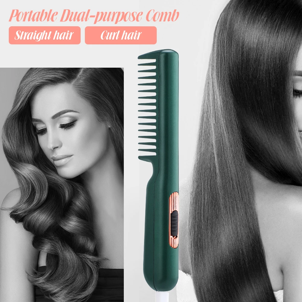 

Fast Heating Hair Beard Straightening Brush Electric Hair Comb 2 In 1 Straightener Curler Portable Mini Comb For Women Men