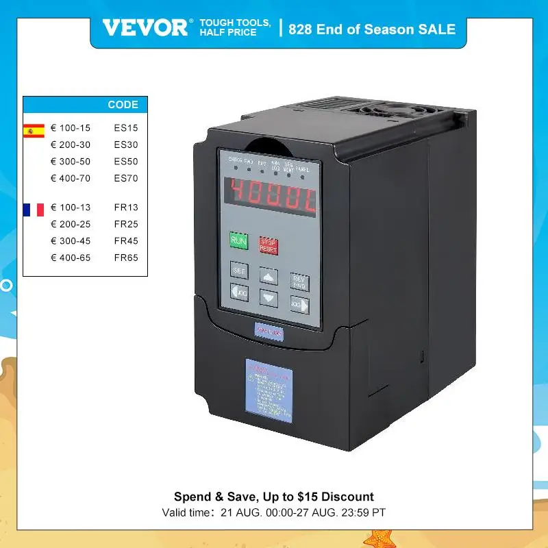 VEVOR VFD Frequency Inverter 1.5/2.2/3.0/4.0/5.5/7.5KW 220V 3P Variable Speed Drive Frequency Converter for CNC Milling Machine