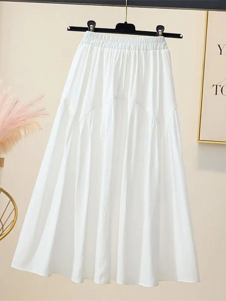 

Summer Solid Elastic High Waist Umbrella Long Skirt Aesthetic Vintage Pleated Half Length Skirt Korean Fashion Clothes Charming