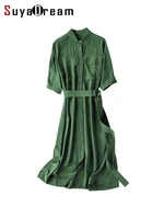 suyadream woman 2022 office lady 100real silk summer chic long dress sashes chest pockets shirt dresses green