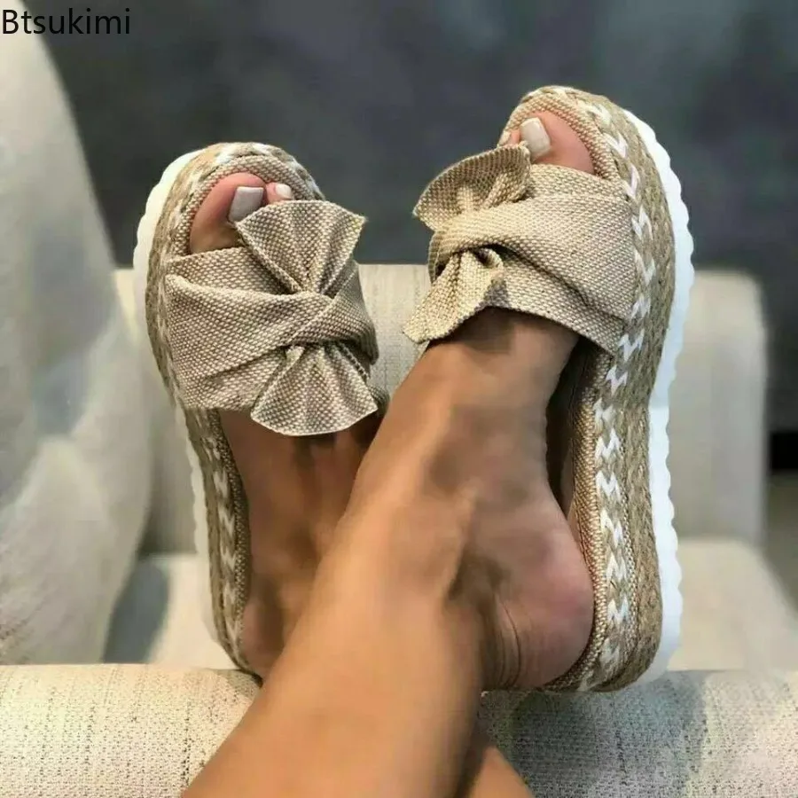 

Новинка 2023, летние сандалии для женщин на высоком каблуке, пляжная обувь для улицы, женские тапочки на платформе с бантом, летняя одежда