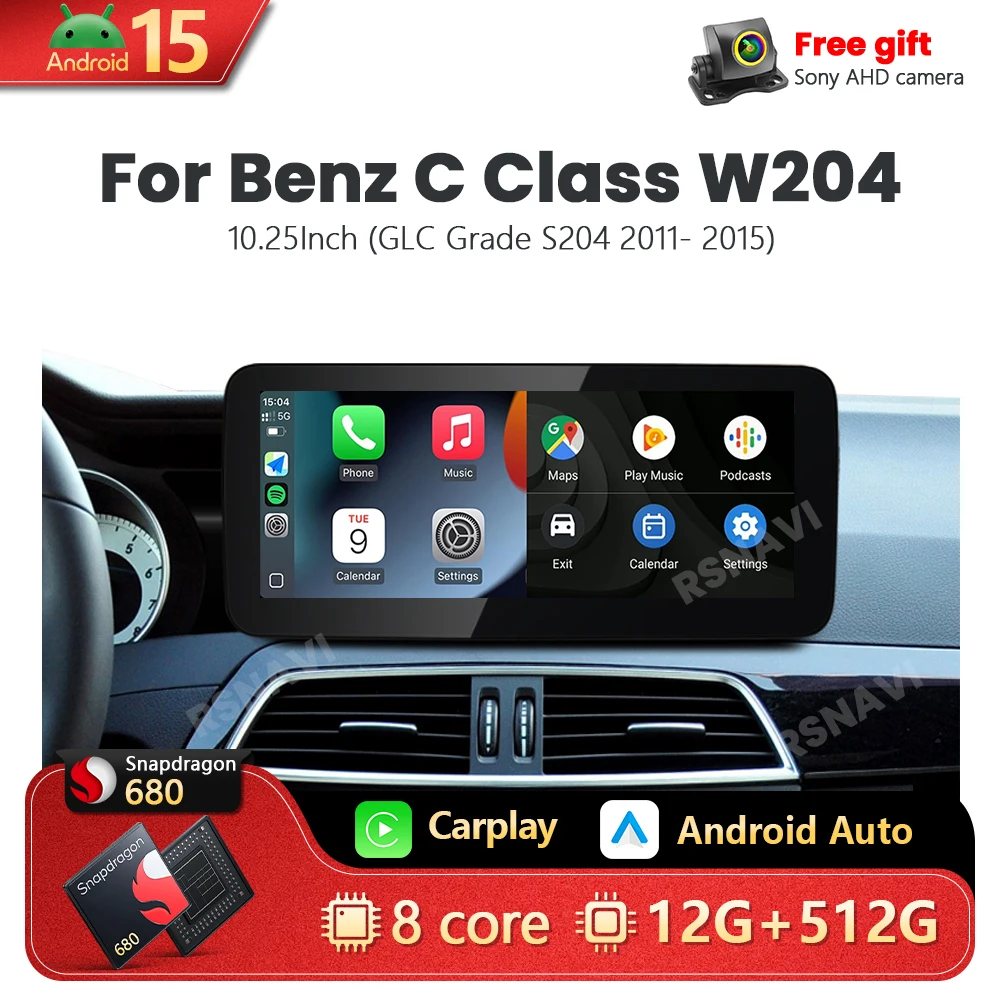 Фото Беспроводной CarPlay Auto Android 15 для Benz C Class W204 S204 2011-2015, автомобильный радиоприемник, мультимедийные видеоплееры Qualcomm Snapdragon 680 №1