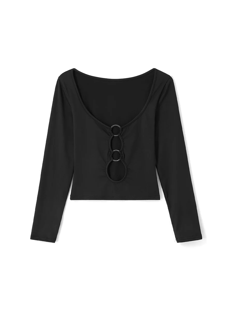 

Female Pullover Solid Color Long Sleeve Low-Cut Hollow Out Crop Tops Blouse for Spring Autumn S M L