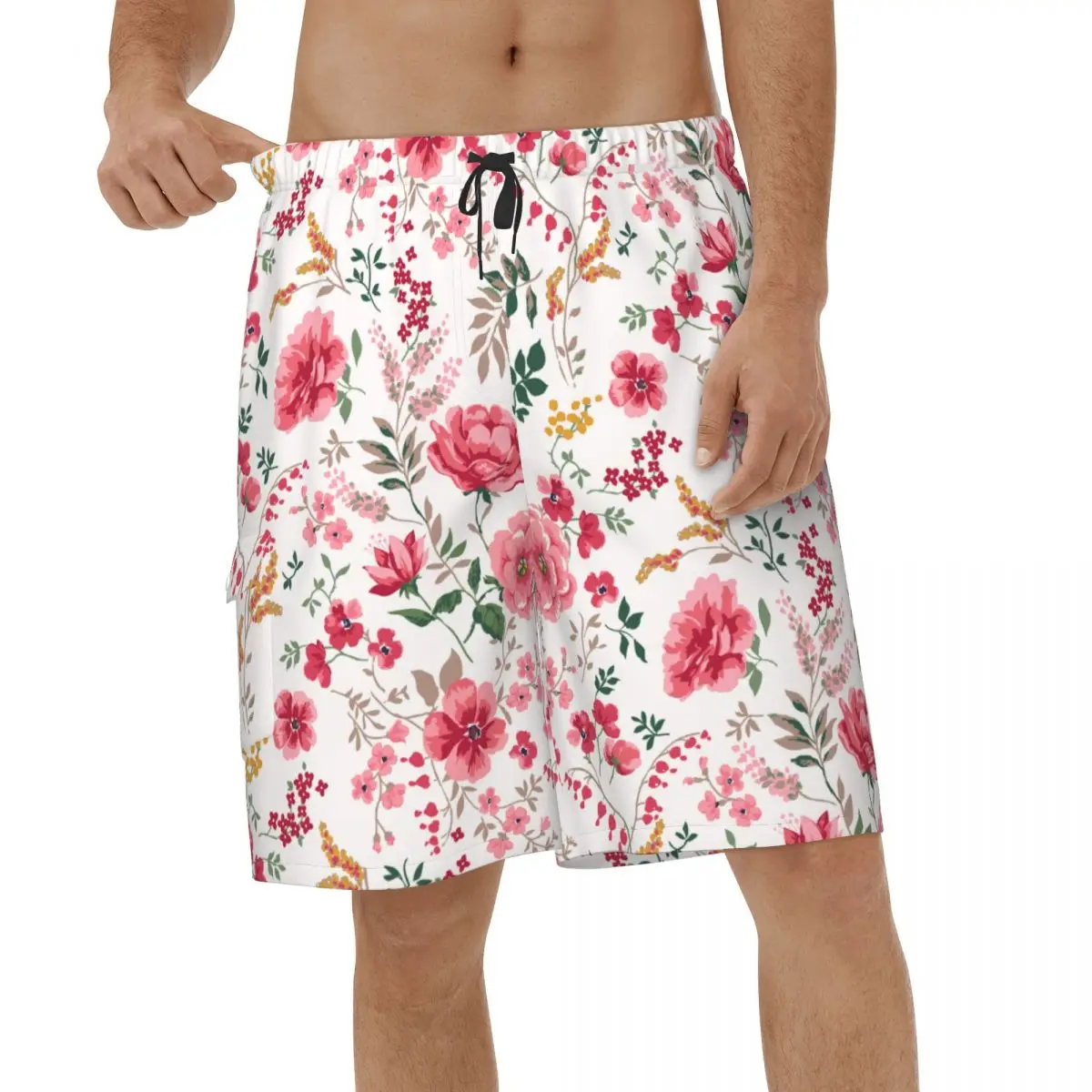 

Beach Shorts Trendy Seamless Floral Pattern 3D Men's Beachwear Pink Flowers Male Swimming Shorts