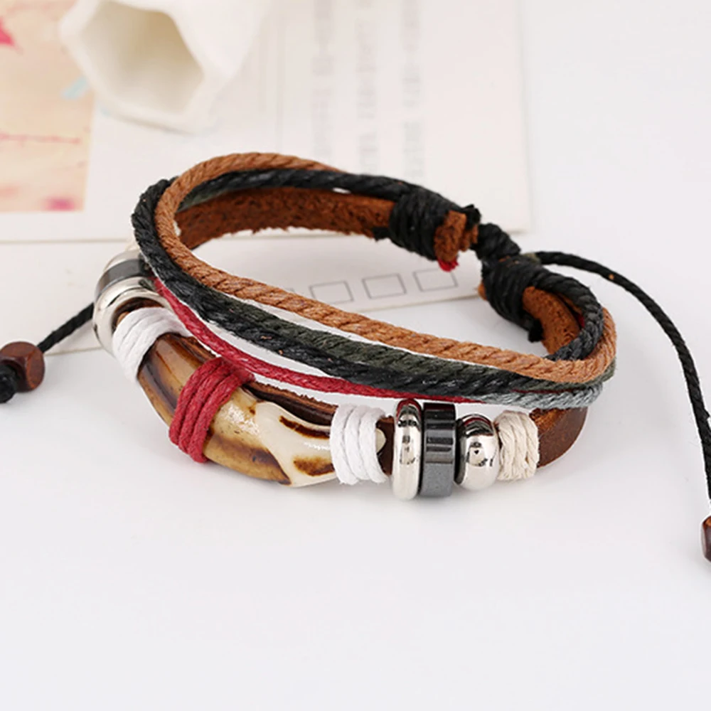 Кожаный винтажный браслет Kirykle с волчьими зубьями многослойный мужской шнур